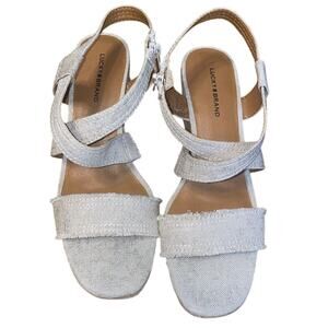 Lucky Brand Espadrille Wedges Heels Women's 10M Tan/gold Cloth Strap Open Toe